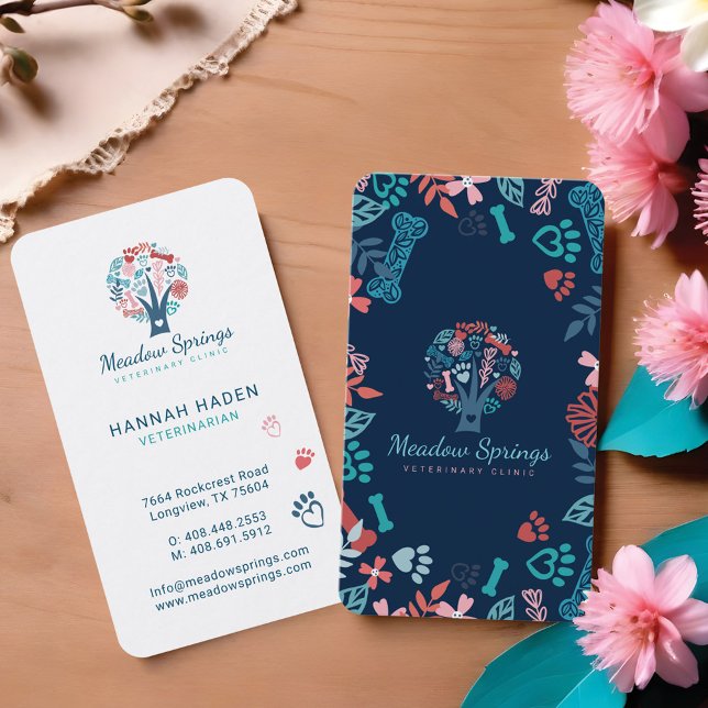 Blommigt & fyllning Skriv ut Pet Paw Mönster Träd Visitkort (Floral & Foliage Pet Paw Print Pattern Tree Navy Business Card)