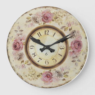 Blommigt gammal Papper Antique Stil Röd ros Stor Klocka