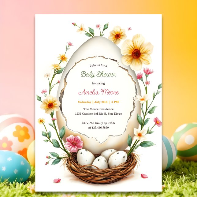 Blommigt, gammnästtema Påsk, babystövel Inbjudningar (Personalized Baby Shower Invitation Floral Egg Nest Theme)