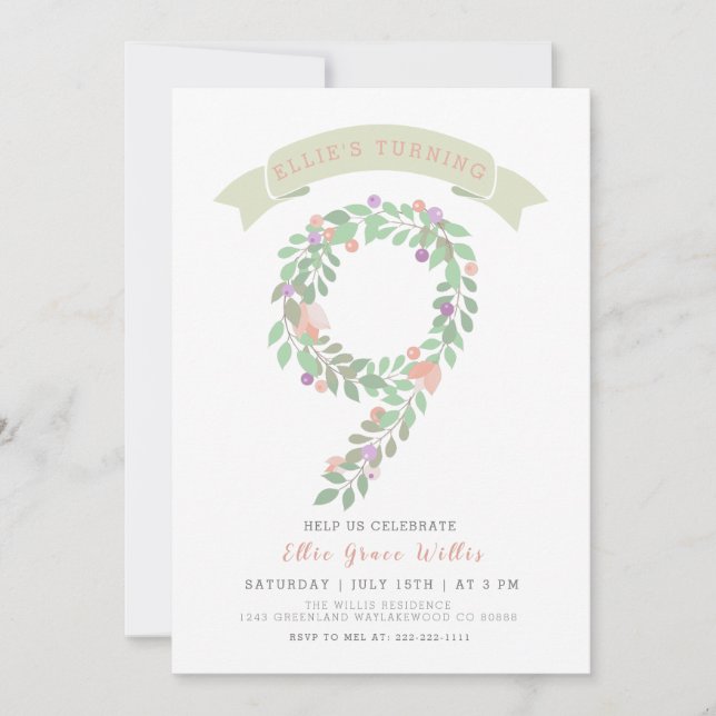 Blommigt Garden 9:e Födelsedagsfest Inbjudan (Framsida)