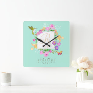 Blommigt Garden Aqua Monogram Fyrkantig Klocka