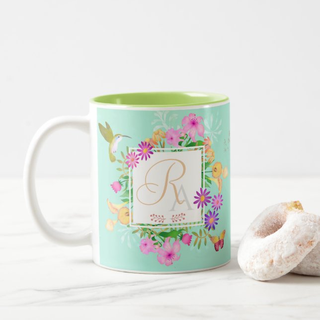 Blommigt Garden Aqua Monogram Mugg (Med munk)