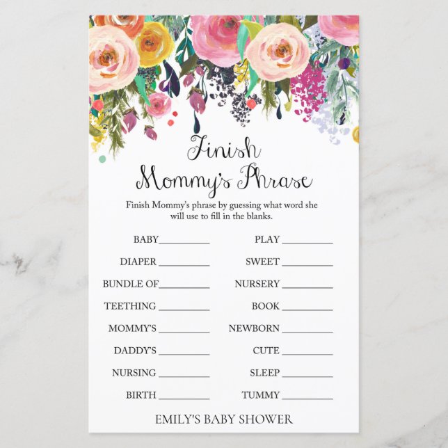 Blommigt Garden Baby Shower Game PRINTED (Framsida)