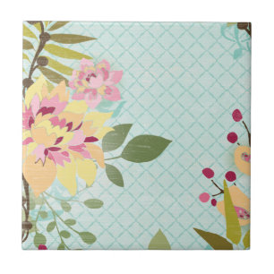 Blommigt Garden, blå bakgrund Kakelplatta