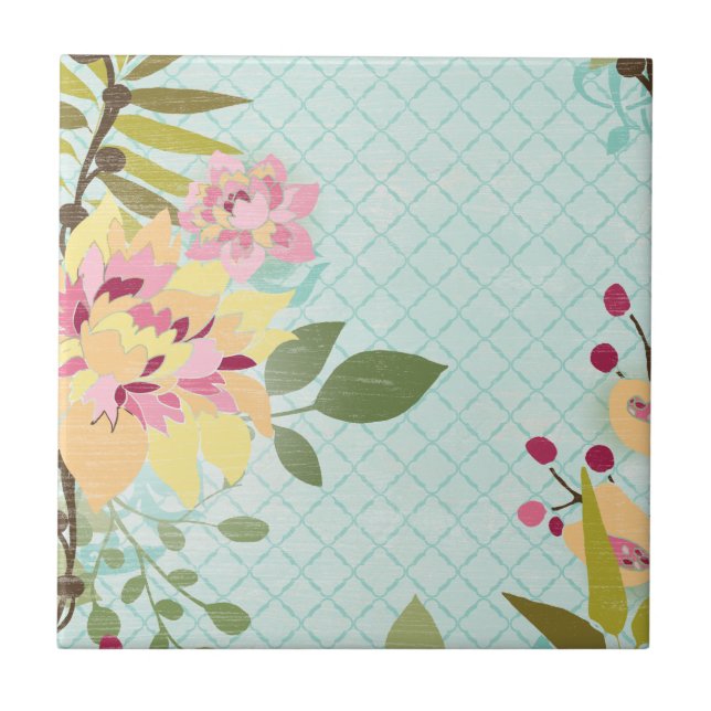 Blommigt Garden, blå bakgrund Kakelplatta (Framsidan)