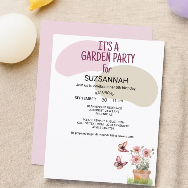 Blommigt Garden Butterflies Dragonflies Watercolor Inbjudningar (front and back garden party invitation template)