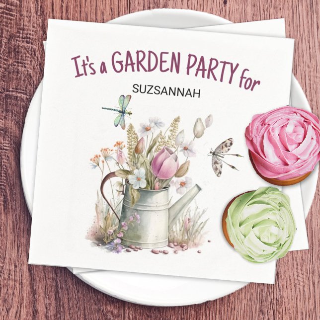 Blommigt Garden Butterflies Dragonflies Watercolor Pappersservett (Personalize or remove the text on this fun summer vibe watering can and dragonfly napkin design.)