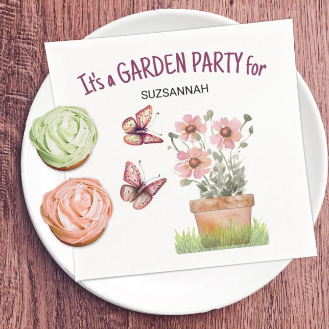 Blommigt Garden Butterflies Dragonflies Watercolor Pappersservett (Keep or move text on this butterfly and flower fun summer vibe party napkin for any gathering.)