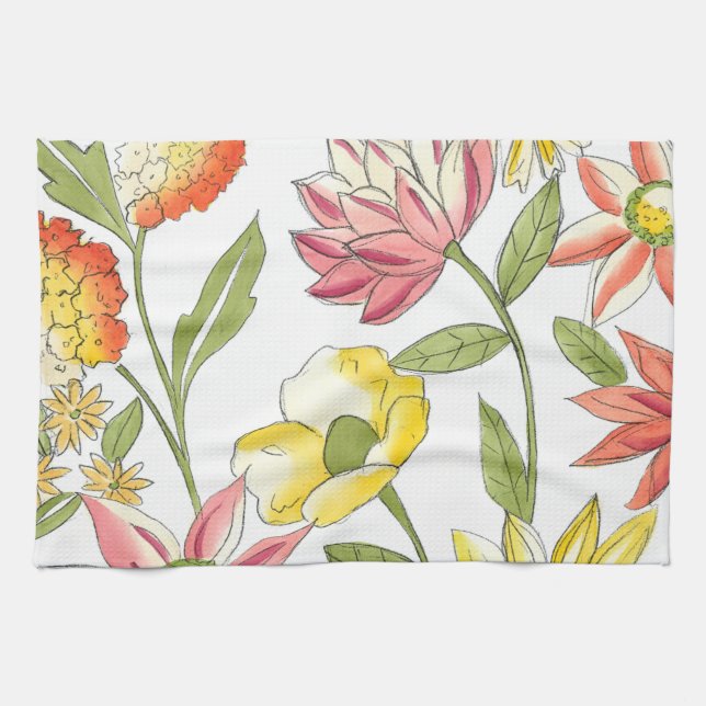 Blommigt Garden Design med vit bakgrund Kökshandduk (Horisontell)