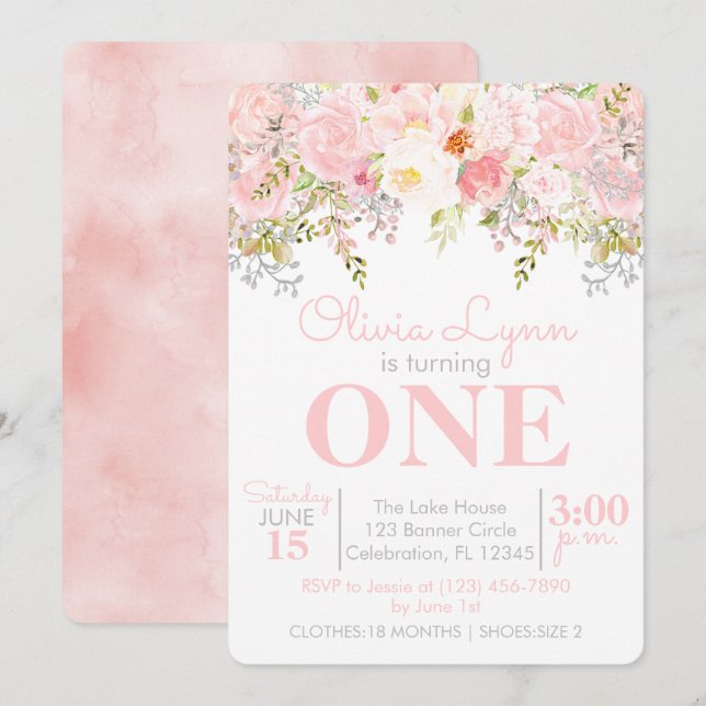 Blommigt Garden Girl First Birthday-inbjudan Inbjudningar (Fram/baksida)