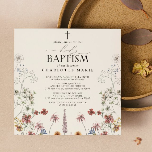 Blommigt Garden Heliga Baptism Watercolor Wildblom Inbjudningar (Holy Baptism Invitation)