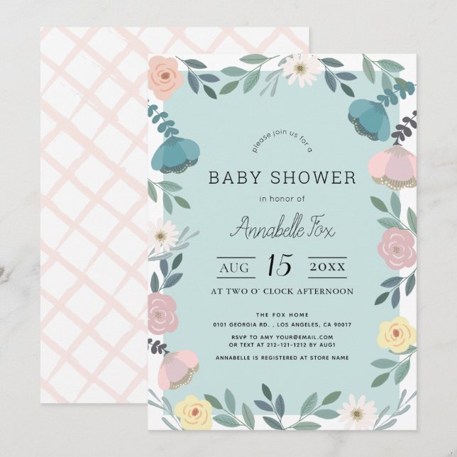 Blommigt Garden Light Blue Baby Shower Inbjudningar (Fram/baksida)