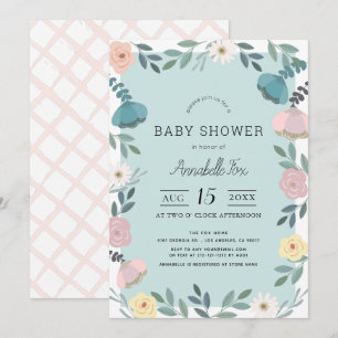 Blommigt Garden Light Blue Baby Shower Inbjudningar