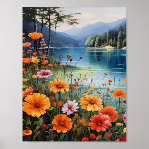 Blommigt Garden med en Sjö Vår-dag Poster