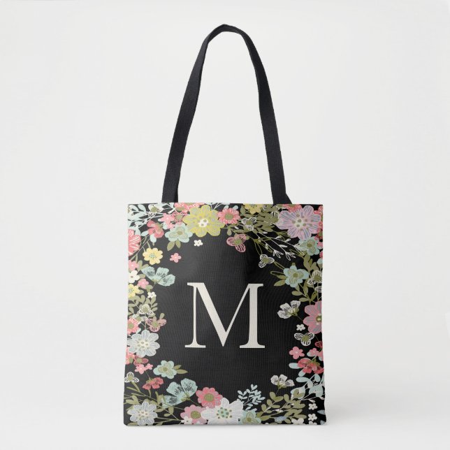 Blommigt Garden Monogram Black Shoulder Bag Tygkasse (Framsida)
