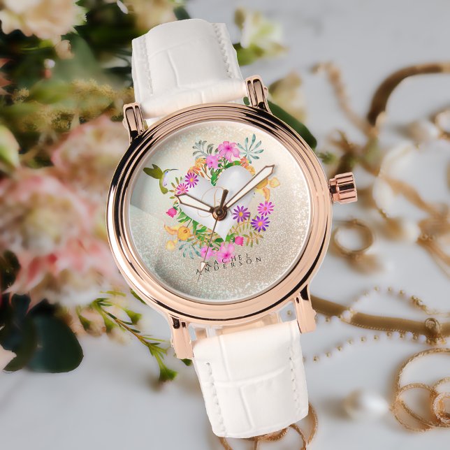 Blommigt Garden Monogram Champagne Round Armbandsur (Elegant and Chic Floral Garden Monogram Ladies Watch For Your Special One.)