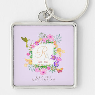 Blommigt Garden Monogram Rosa Fyrkantig Silverfärgad Nyckelring