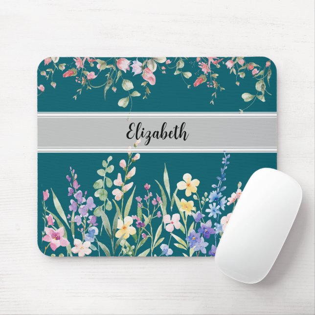 Blommigt Garden Monogram Script Mörk Teal Musmatta (Med mus)