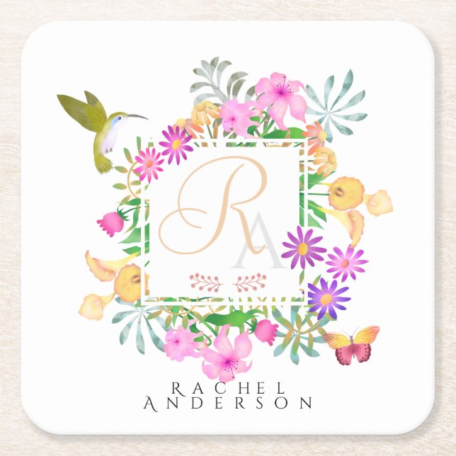 Blommigt Garden Monogram Underlägg Papper Kvadrat (Framsidan)