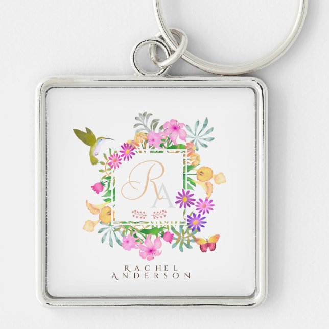 Blommigt Garden Monogram White Fyrkantig Silverfärgad Nyckelring (Framsidan)