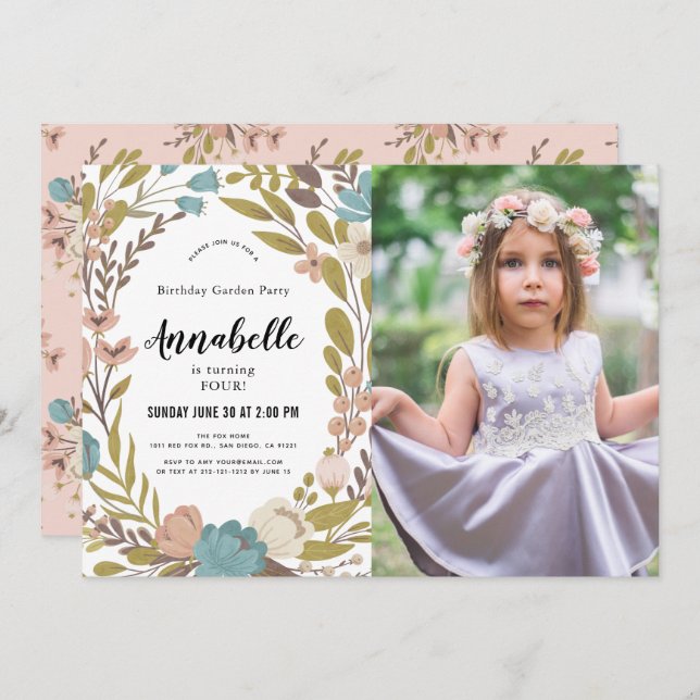 Blommigt Garden Party White Photo Birthday Bjud Inbjudningar (Fram/baksida)