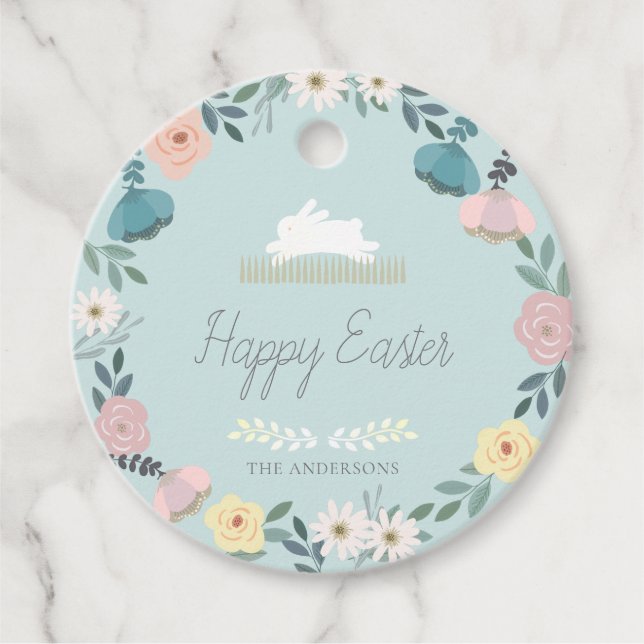 Blommigt Garden Påskhare Eggs Blue Gåvor Etiketter (Framsida)