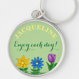 Blommigt Garden Personlig Namn Rund Silverfärgad Nyckelring