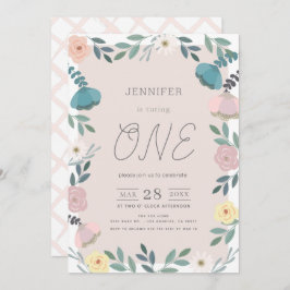 Blommigt Garden  Rosa GIrl 1:a födelsedagen Inbjudningar