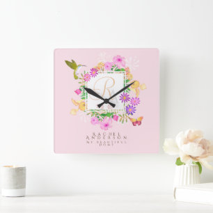 Blommigt Garden Rosa Monogram Fyrkantig Klocka