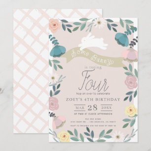 Blommigt Garden Rosa White Bunny Girl Birthday Inbjudningar