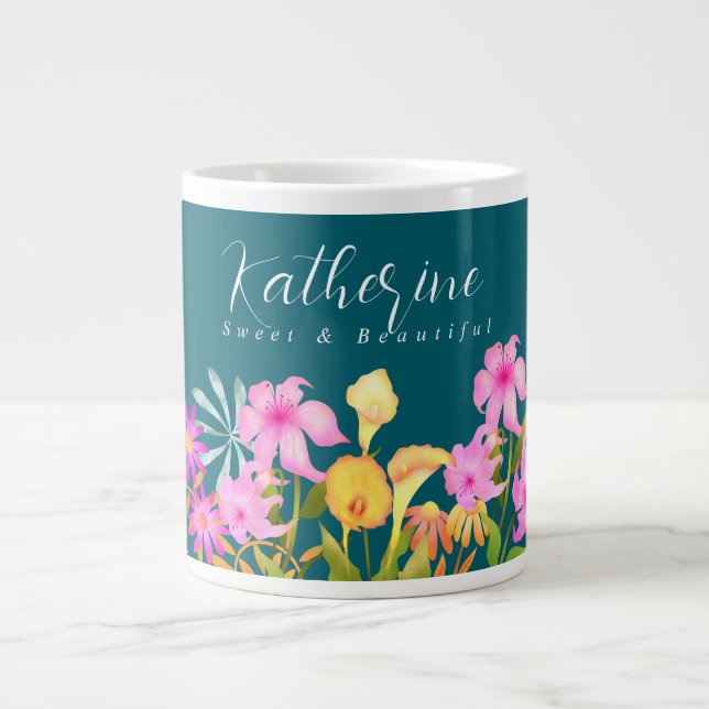 Blommigt Garden Teal Jumbo Mugg (Framsidan)