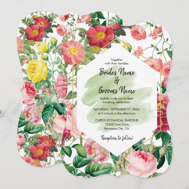 Blommigt Garden, Watercolor & Geometric Bröllop In Inbjudningar (Fram/baksida)