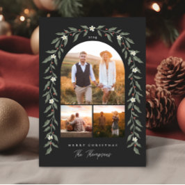 Blommigt Garland Arched 3 Photo Black jul Card Julkort
