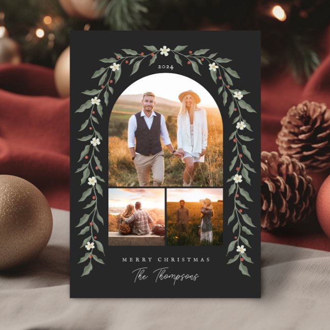 Blommigt Garland Arched 3 Photo Black jul Card Julkort (Floral Garland Arched 3 Photo Black Christmas Card)