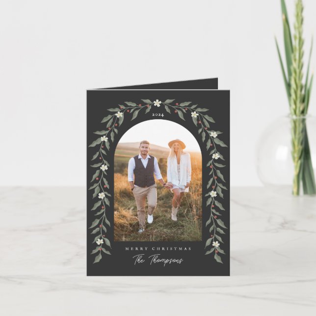 Blommigt Garland Arched Photo Black-julkort Helgkort (Framsida)
