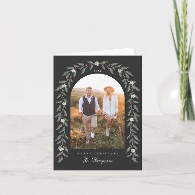 Blommigt Garland Arched Photo Black-julkort Helgkort (Framsida)