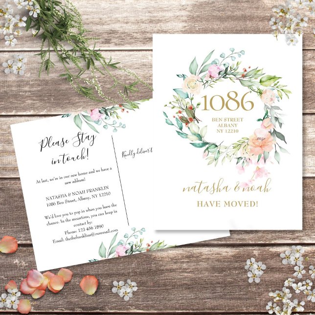 Blommigt Garland Guld Nya adress Vi har flyttat He Meddelande Vykort (Floral Garland Gold New Address We've Moved Home Announcement Postcard)