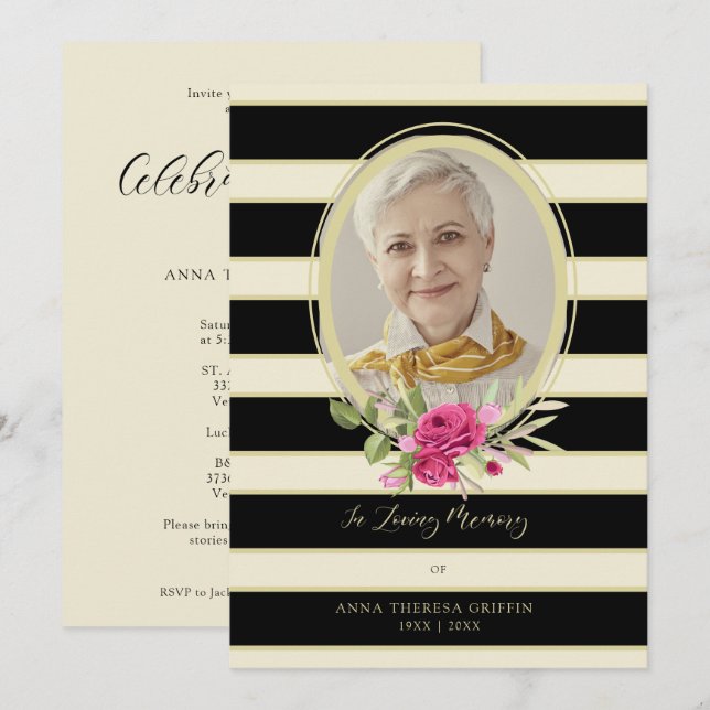 Blommigt Garland Memorial Loved Ones Golden & Blac Inbjudningar (Fram/baksida)