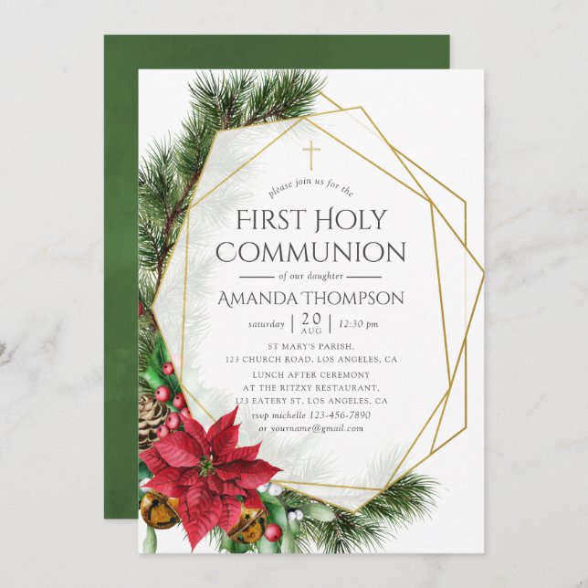 Blommigt Geometric First Heliga Commo Inbjudningar (Fram/baksida)