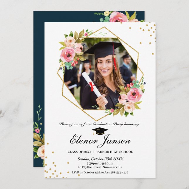 Blommigt Geometric Guld Glitter Studenten foto Inbjudningar (Fram/baksida)