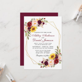 Blommigt Geometric Guld Ram Burgundy Bröllop Inbjudningar