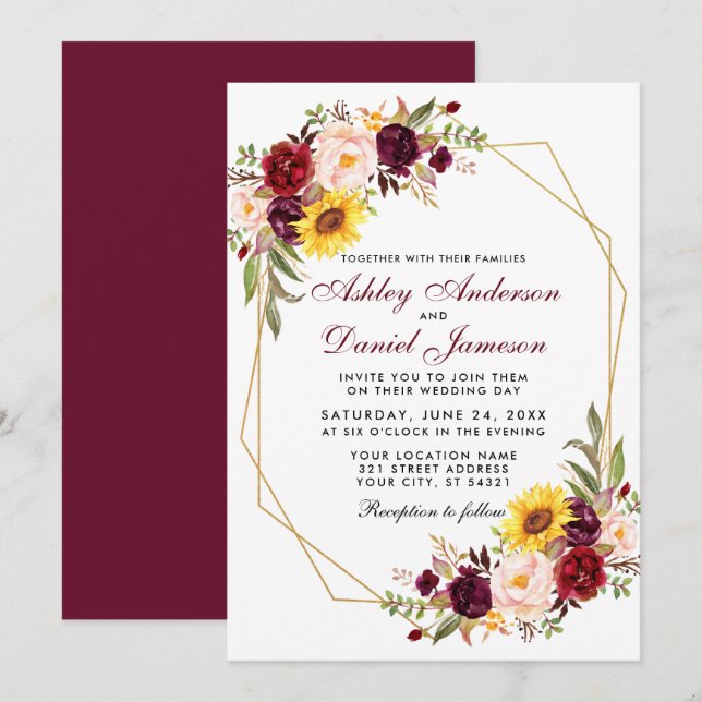 Blommigt Geometric Guld Ram Burgundy Bröllop Inbjudningar (Fram/baksida)