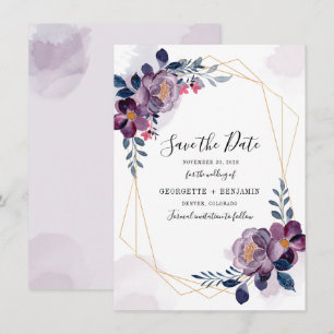 Blommigt Geometric Lila Foliage Bröllop Spara Datumet