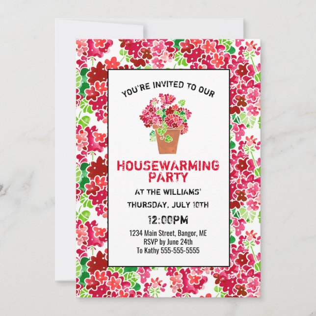 Blommigt Geranium Rosa Coral Red House Warming Par Inbjudningar (Framsida)