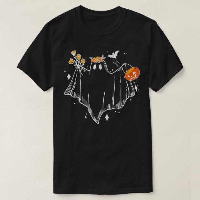 Blommigt Ghost med Pumpkin Cute AutumnHalloween Pa T Shirt (Design framsida)