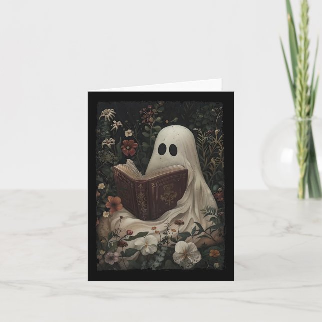 Blommigt Ghost Reading Bok Halloween Costume Gothi Kort (Framsida)