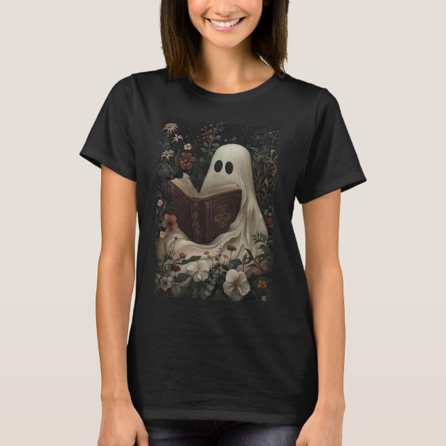 Blommigt Ghost Reading Bok Halloween Costume Gothi T Shirt (Framsida)