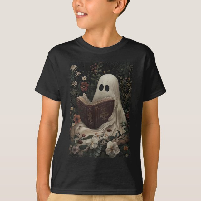 Blommigt Ghost Reading Bok Halloween Costume Gothi T Shirt (Framsida)