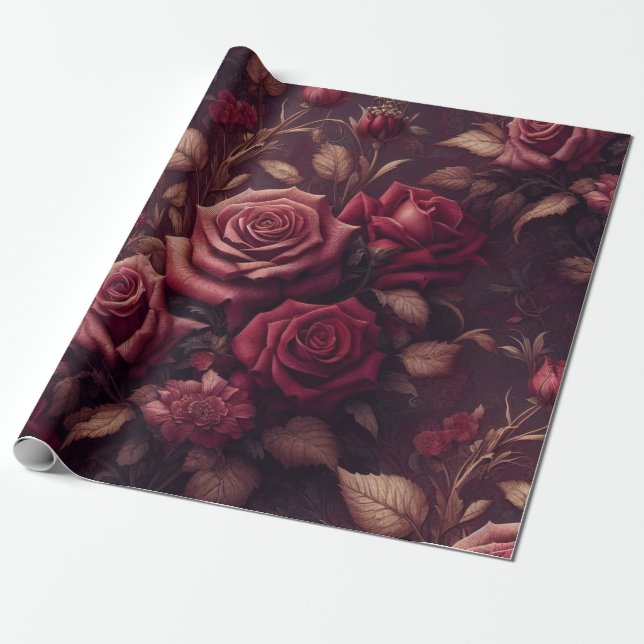 Blommigt Gift Wrapping Papper - Burgundy och Red Presentpapper (Utrullad)
