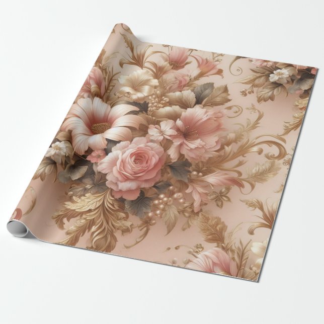 Blommigt Gift Wrapping Papper,  Rosa Guld  Presentpapper (Utrullad)